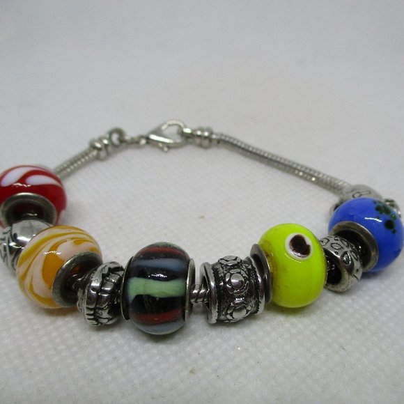 PANDORA STYLE LAMPWARK Glass Charm Beads Silver Tone Metal Heart And Key Charm - Picture 1 of 11